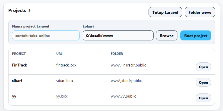Form Buat project Laravel dengan nama project dan lokasi