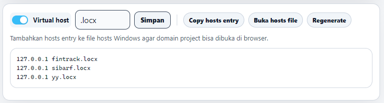Pengaturan Virtual host dengan akhiran .locx dan daftar entri hosts